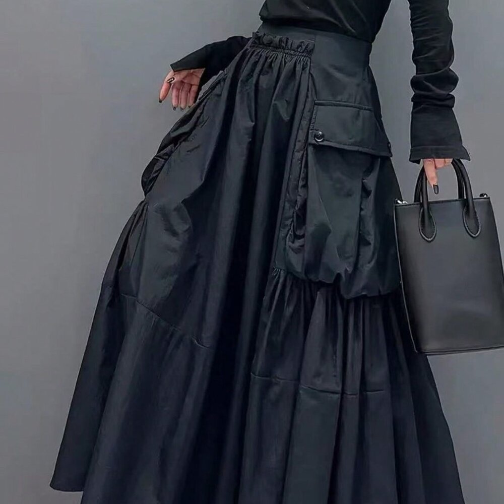 Black Elegant Women's High Waist Flared Long Skirt With Large Pockets
